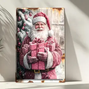 1pc Cheerful Santa Claus Metal Tin Sign - Scandinavian & Style 2D Flat Wall Decor with Santa Holding Gifts, Durable Metal Christmas Decoration Suitable for Mantel, Entryway, Cabin - Holiday Season Decorators, 2D Flat