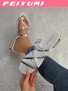 Summer Women's Low Heel Shoes, Cross Strap Brick Decoration, Comfortable Mid-Low, Easy Wear, Suitable for Summer Beach Casual Parties, Footwear Strap Slides, PU Leather Slides, Elegant Sandals