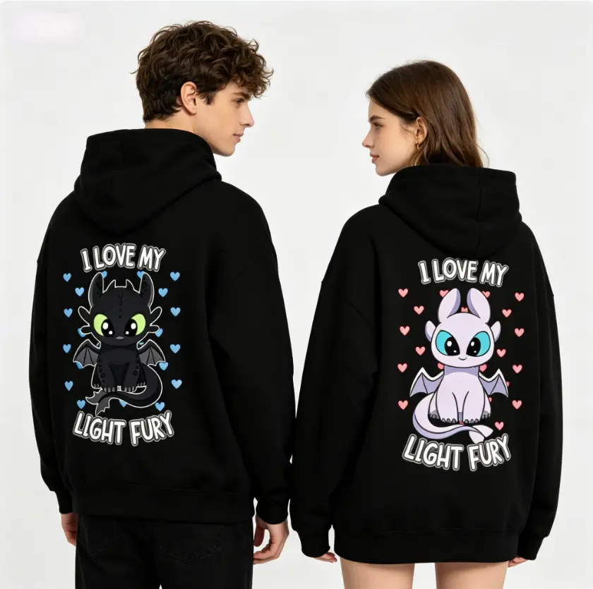 Couples' Matching Graphic Print Hoodies - Men's & Women's "I Love My Light Fury & Night Fury" Funny Cartoon Cotton Longsleeve Sweatshirts, Comfortable Casual Streetwear for Fall Winter, Party Couples Gift, Longsleeves, Matching Bf And Gf