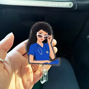 Cute Brunette Nurse Badge Reel with Sunglasses | Dark Glitter Retractable ID Badge Holder