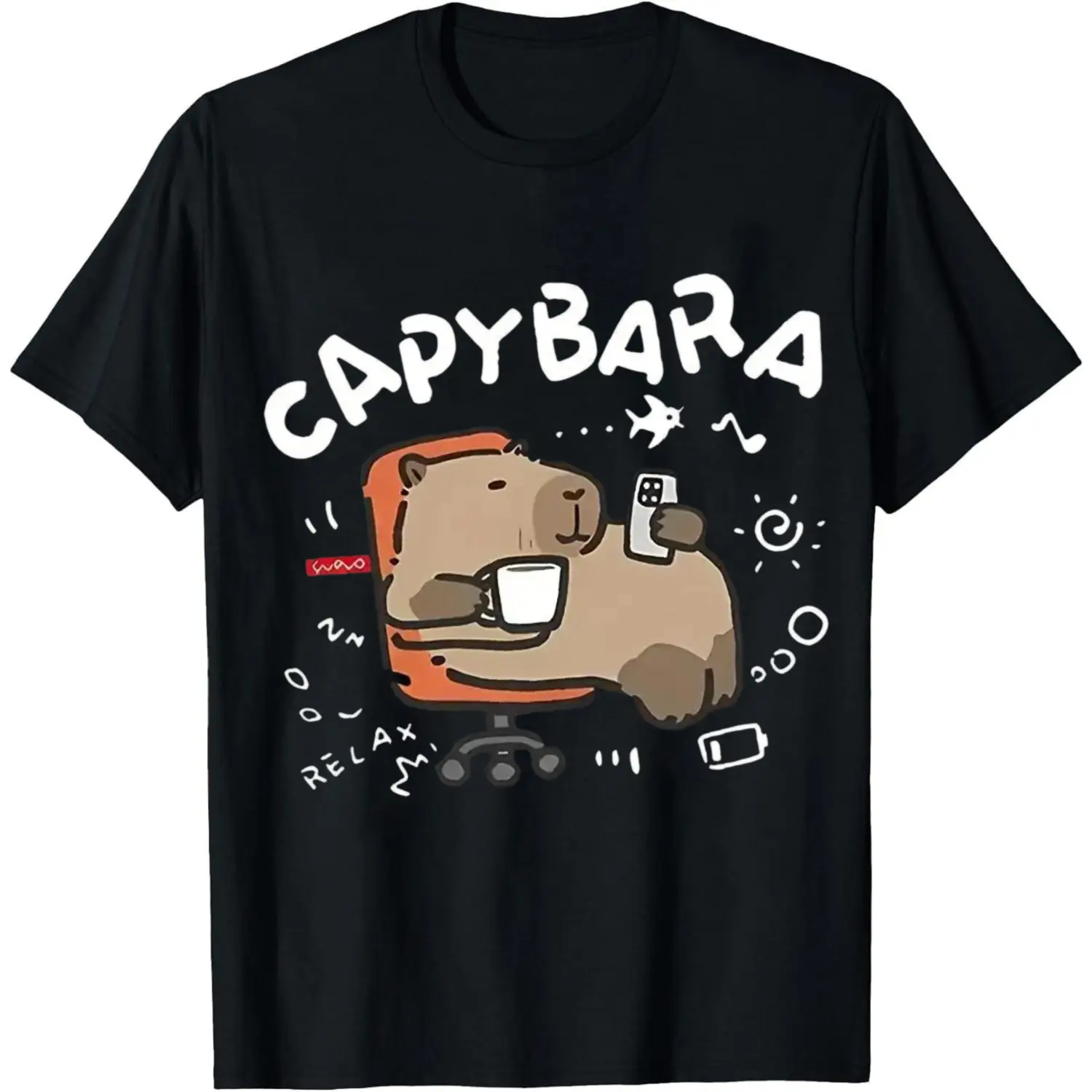 100% Cotton Capybara Relaxing With Coffee And Phone T-Shirt Women Men Unisex Clothing Streetwear