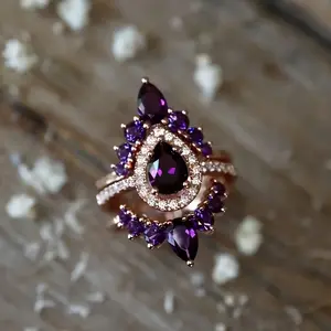 Elegant Women's Engagement Ring Set with Unique Deep Purple Rose Ring and Pear-Shaped Halo Purple Imitation Zirconia 3-Piece Set