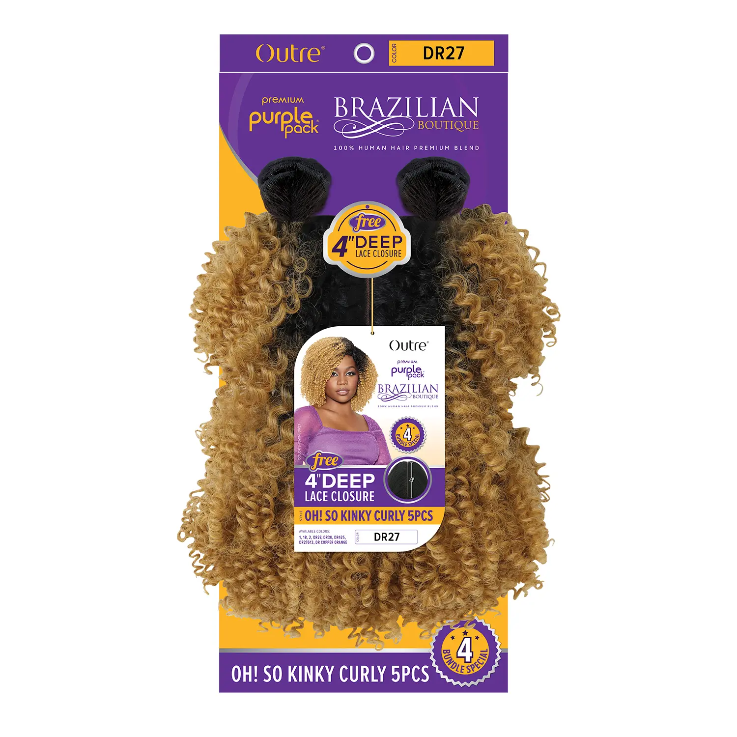 Outre Human Hair Blend Weave Premium Purple Pack Brazilian Boutique Oh! So Kinky Curly 5Pcs with 4" Deep Lace Closure