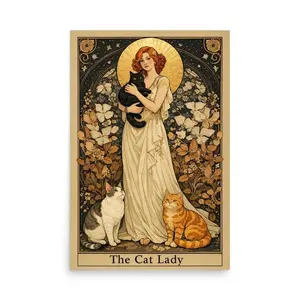 Vintage Cat Wall Art, Art Nouveau Cat Lady Illustration, Feminine Boho Cottagecore Decor, Tarot Card Cat Lady, Cat Lover Gift Wall Decor