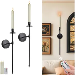 Candle Holder Wall Sconces Set of 2 with Battery Operated Candles and Remote Control, Flameless Flickering Taper Timer Black Wall Sconces for Home Decor