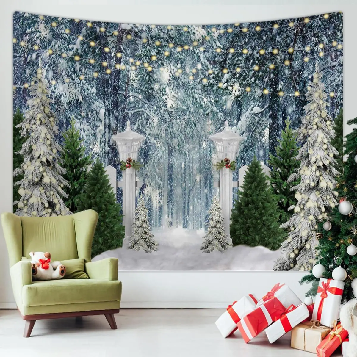 Christmas Themed Tapestry, 1 Count Snow Scene Pine Tree Snowman Tapestry, Party Banner Decoration for Studio Props, Home  Wall Decoration, Wall Hanging Tapestry