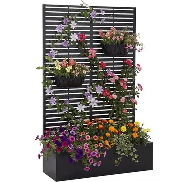 Gaomon Rectangular Louvered Metal Planter Box with Trellis Slats - 71"H x 44"W x 16"D Outdoor Raised Garden Bed, Privacy Screen, Drainage Holes, All-Weather Patio Planter for Climbing Vines