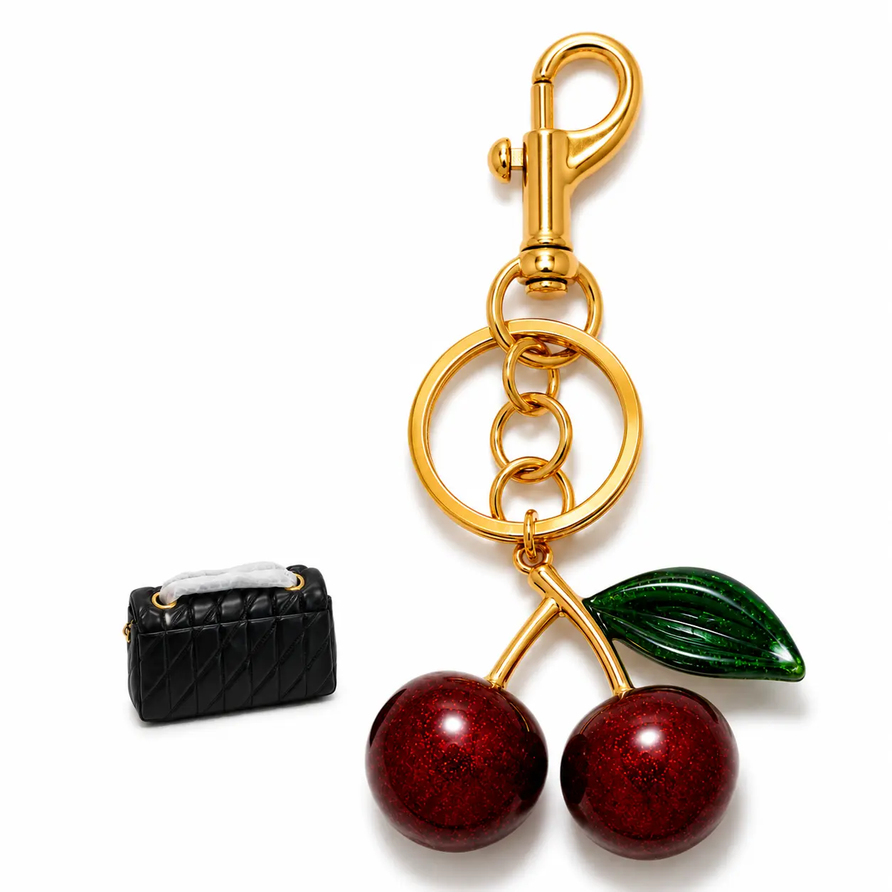 Sparkly Cherry Bag Charm Keychain for Women, Cute Red Cherry Purse Charm with Gold Clip, Trendy Handbag Accessory, Gift for Her + Free Mini Bag