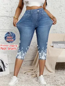 Women's Tight Fit Seven-Quarter Pants, Faux Denim Print, Slim-Fitting Casual Bottoms, All Season Wear, Comfortable and Stylish, Leggings