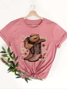 Women's Cowboy Boots & Letter Print Knitted Fabric Round Neck Tee, Casual Short Sleeve Fitted T-Shirt for Summer, Ladies Everyday Clothes for Daily Wear Womenswear Top, Streetwear