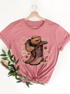 women's cowboy boots & letter print round neck tee, casual short sleeve t-shirt for summer, ladies clothes for daily wear