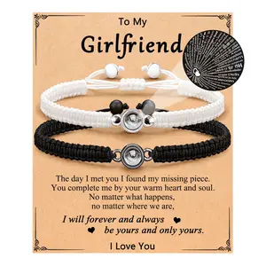 Projection Bracelet 100 Languages I Love You Woven Black White Rope Couple Bracelets Set for Couples Matching Jewelry Gift for Her Him