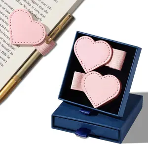 Pink 2-Pack Magnetic Leather Bookmarks with Pen Holder, Heart-Shaped Clips, Durable Page Markers for Reading, Gift-Boxed Office Stationery for Women