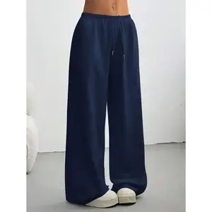 Women’s solid-color drawstring-waist wide-leg loose casual sweatpants for graduation and back-to-school; blue cotton wide-leg bottoms; spring basic minimalist women’s wear; navy knitted teacher outfits