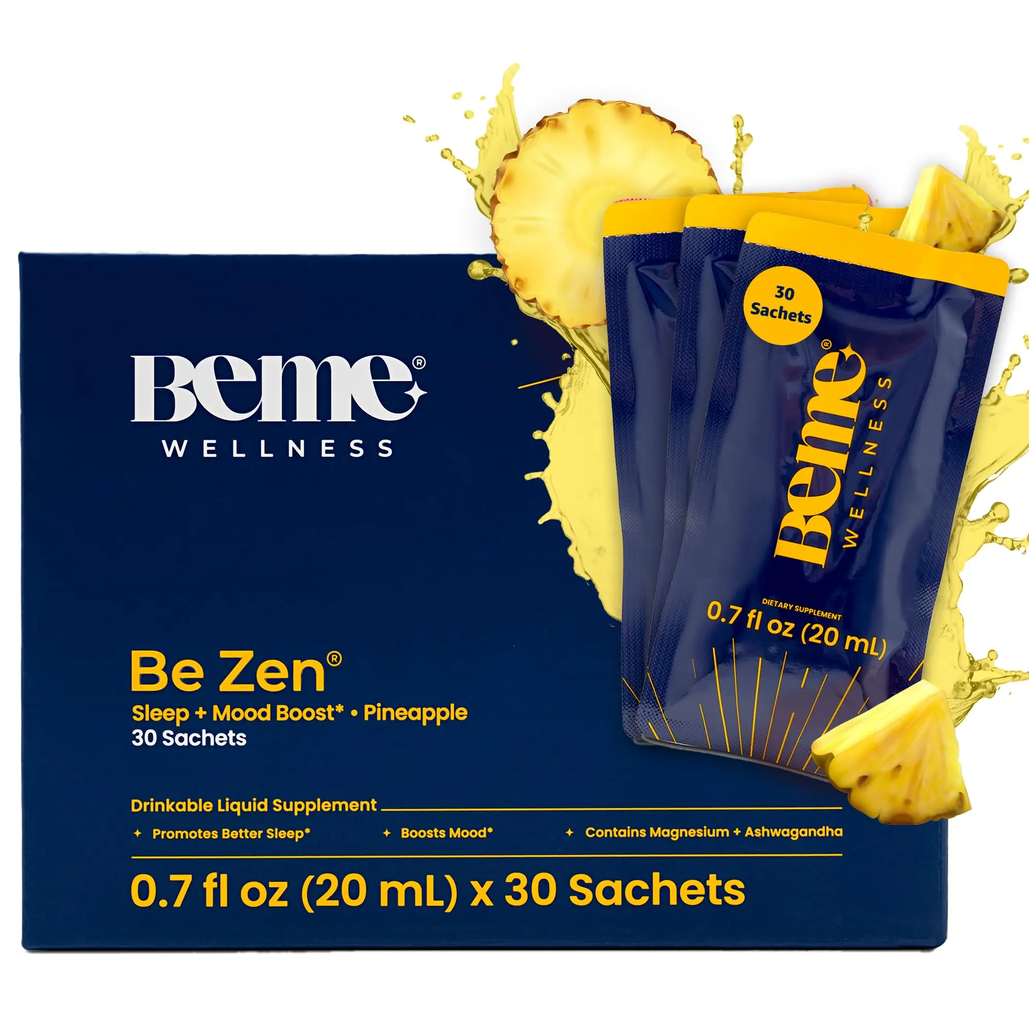 BEME 30 Sachets Liquid Magnesium Glycinate with Ashwagandha, L-Theanine, GABA & Chamomile – Relax, Unwind & Fall Asleep Naturally, No Melatonin, Fast-Absorbing Delicious Pineapple Formula Dietary Supplement