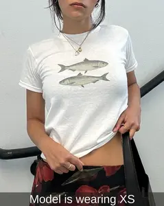 Fish Graphic Y2K Baby Tee Trendy 90s Aesthetic Fitted Crop Top Cute Shirt