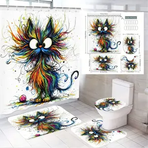4pcs Whimsical Rainbow Cat Bathroom Set, Artistic Shower Curtain, Playful Bath Mats, Toilet Seat Cover, The floor mat fabric is thicker and softer ! Cheerful Home Decor