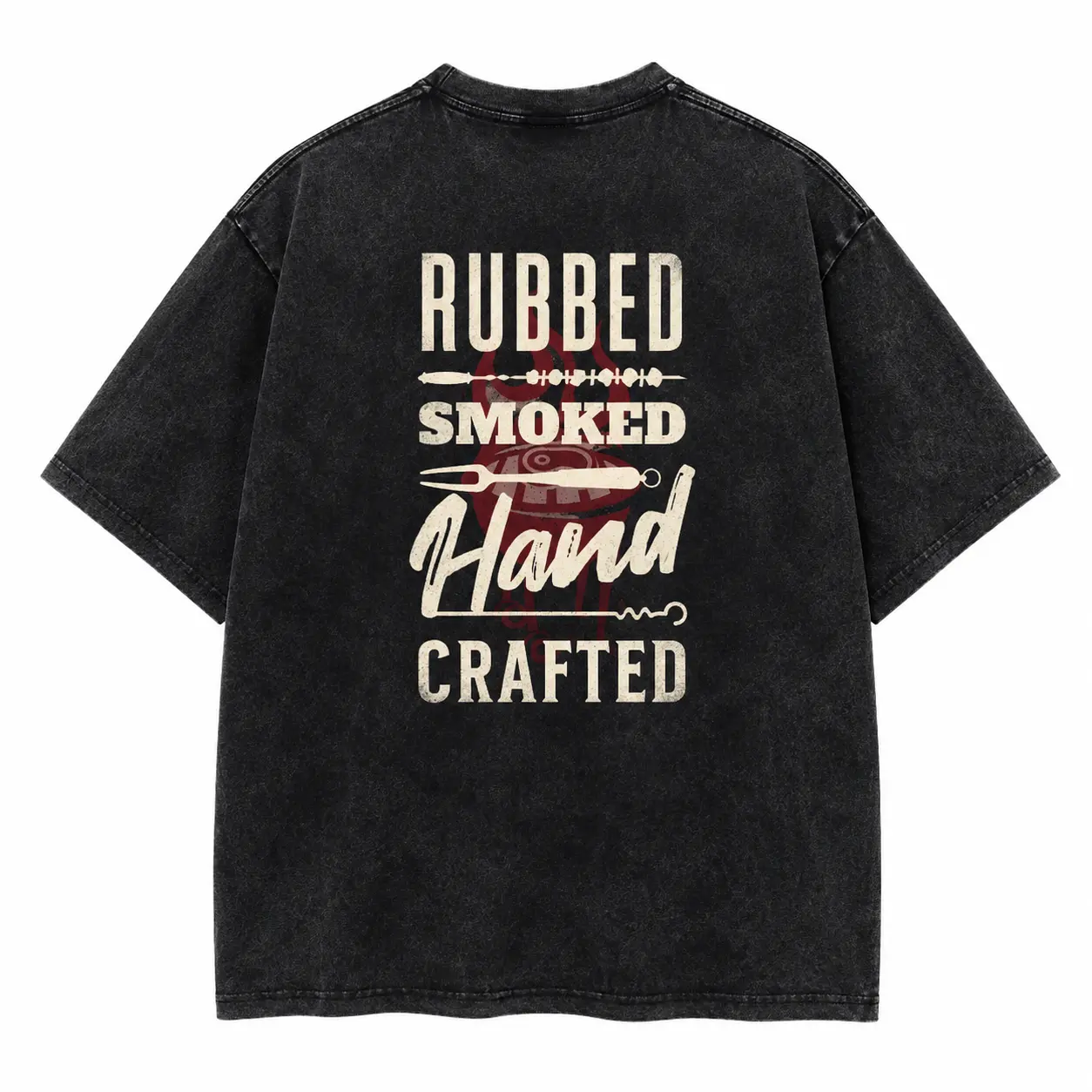 Menswear Short-Sleeve Crewneck T-Shirt - Hand-Crafted Rubbed Smoked BBQ Graphic, Washed Black Beige Red Print, Soft Heavyweight Cotton, Unisex Casual Streetwear, Vintage Oversized Barbecue Grill Master Outfit, Gifts 3213, Shortsleeve