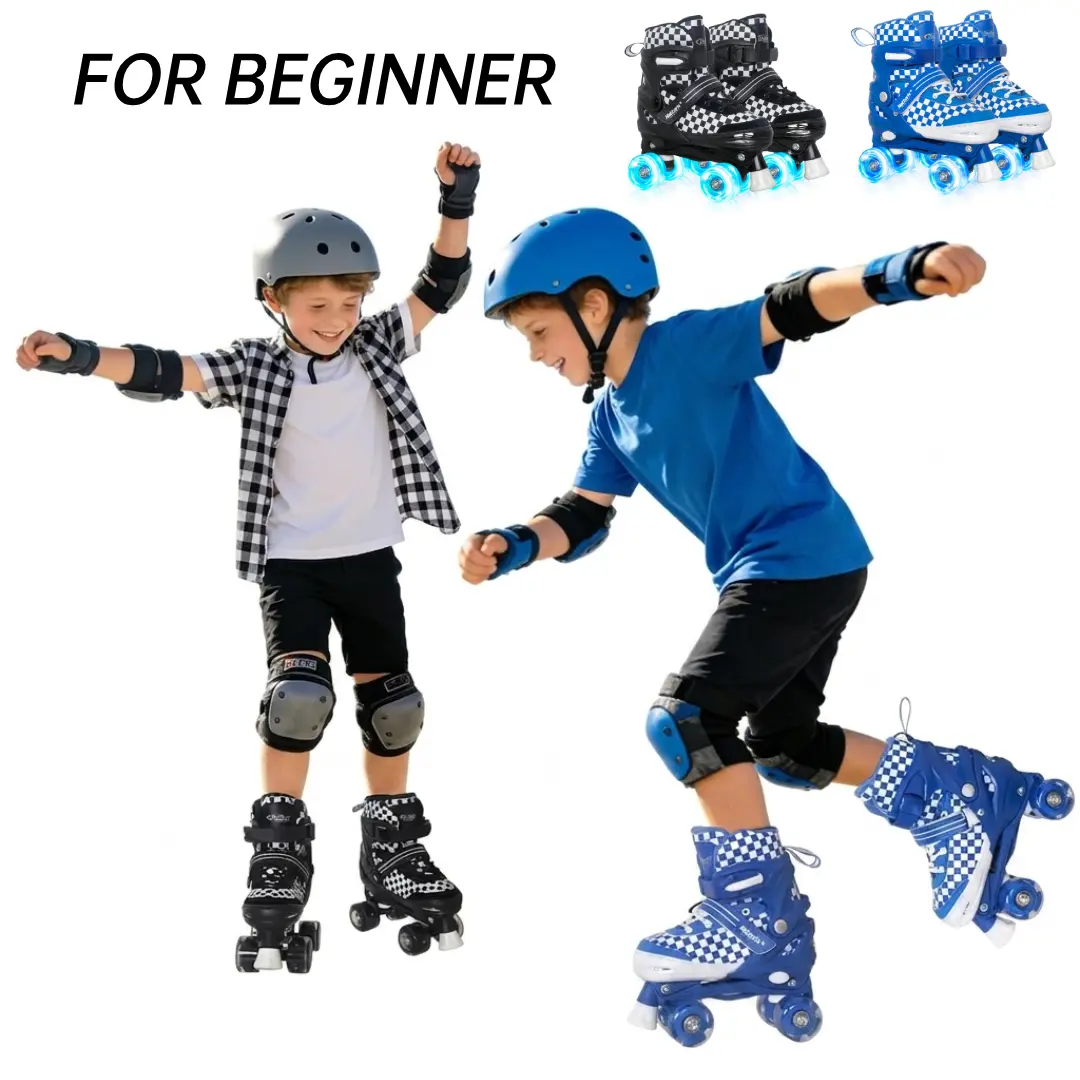 High-Top Quad Roller Skates for Kids Teens Beginners, 4 Size Adjustable, Light-Up Wheels, Triple Safety Closure, Breathable Lining, Stable Indoor Outdoor Skating Gear, Boy Girl