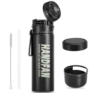 HandFan Keep It Cool and Stay Hydrated BPA Free – Stainless Steel Water Bottle with Mini Fan, Straw, 2600mAh Battery, Keeps Water Cool for 6 Hours, Gift for Exercise Outdoor activity Black Insulated