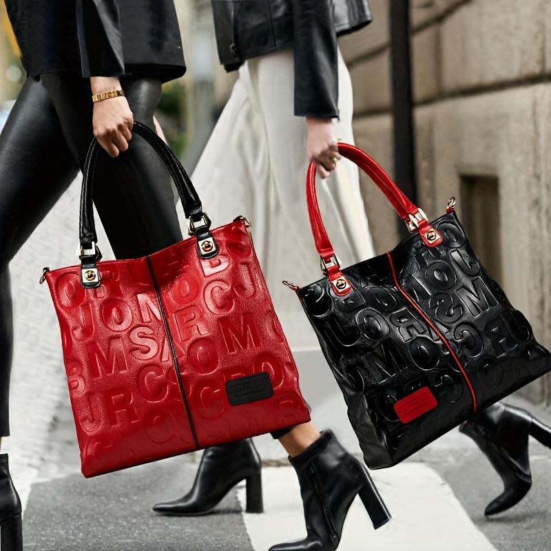 Women's Glossy Faux Leather  city   Tote Bag with Red Handles and Striking Embossed Letter Pattern