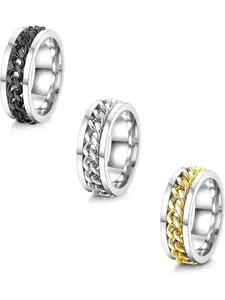 3-Piece Set of Rings for Men: Black, Silvery and Stainless Steel Spinning Rings, Rotating Ring Necklace, Fidget Ring for Men, Sizes 7-13