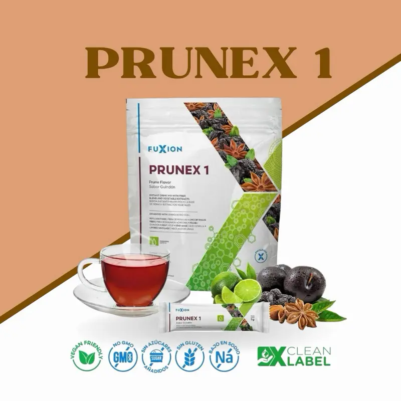 FuXion Prunex 1 Detox Tea - Plum Flavor, 28 Sticks (1-2 Daily), Natural Beverage Fiber Sugar Drink, Promotes Digestive Health Herbal Fruit
