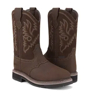 NINGO Men's Western Cowboy Steel/Soft Toe Work Boots Waterproof Square Toe Leather Work Boots Closed Walking Light weight Comfort Rubber Footwear Shoe Bota steel toe shoes tiktokshopspringglowup