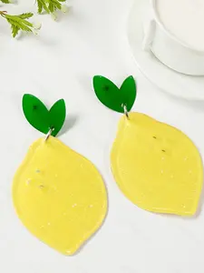 2 Pairs Women's Fruit Earrings, Summer Fashion Acrylic Lemon Studs, Beach Vacation Sweet Fresh Fruit Jewelry, Elegant Graphic Style, Beachy Earrings