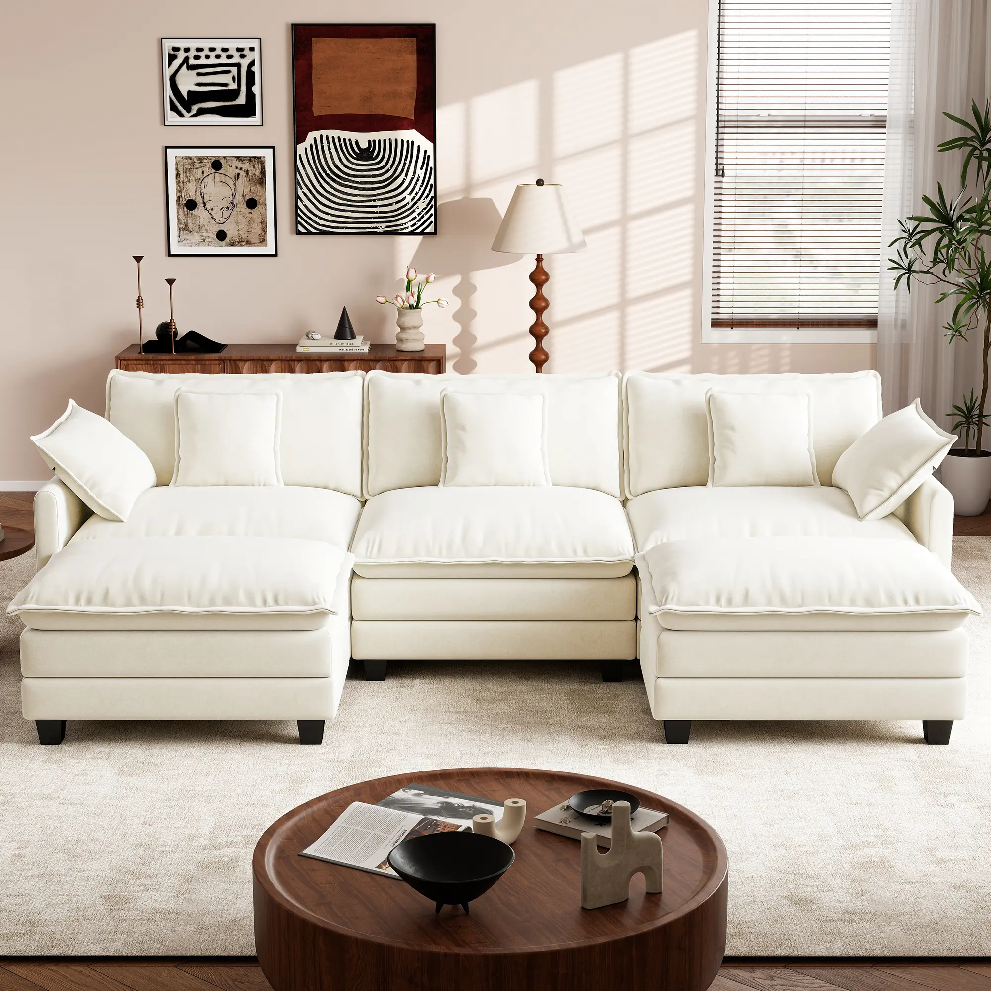 GuroMagicSofa 111.5'' L-Shaped Fluffy Modern Sectional Couch - 3-Seater Chenille Upholstered Living Room Sofas with 2 Movable Ottomans, 5 Pillows for Apartment, Office