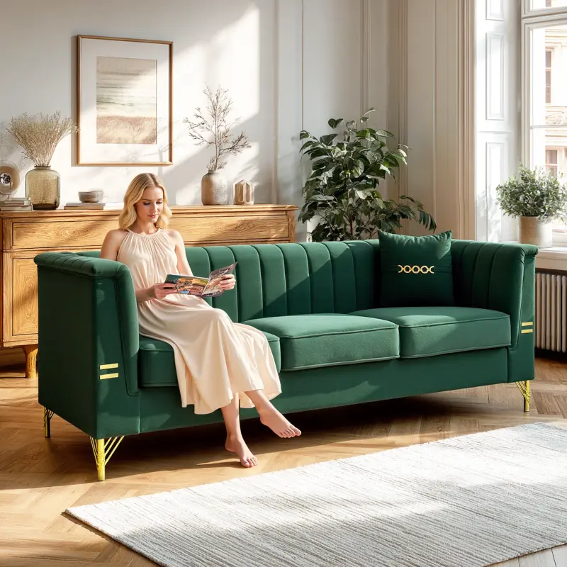 FX-P82-GR2 (WITH 2 PILLOWS)-82.67" Modern Velvet 3-Seater Chesterfield Style Green Couch for Living Room with 2 Pillows