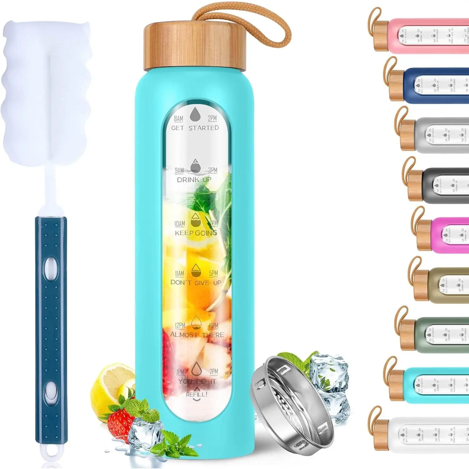 Glass Water Bottles 32 Oz with Silicone Sleeve - BPA Free Reusable  Glass Motivational Water Bottles with Fruit Infuser - Leak Proof Borosilicate Water Bottle with Time Marker (Teal)