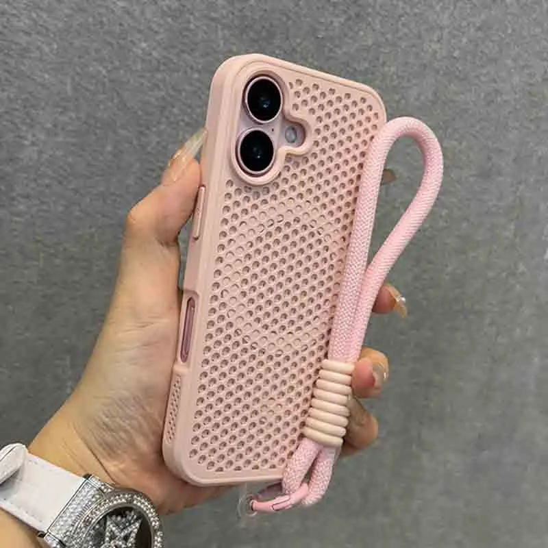 Magnetic Suction Heat Dissipation Breathable Honeycomb Mesh Anti-Shock Phone Case Cover Protector Casing + Wrist Strap Compatible with Apple/iPhone 17, 16, 15, 14, 13, 12, 11 Pro Max Plus Skin-Feel Cherry Blossom Pink Protective Case Protection