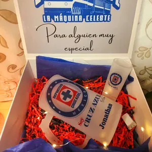 La Máquina Celeste Personalized Gift Box with 16oz Glass & 3oz Shot Glass Set - Soy Cruz Azul Design - For Someone Very Special Drinkware