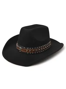 Unisex Wide Brim Western Wool Cloche Outdoor Sun Hat, Single Piece Cowboy Hat (double Layer Rivet Leather Trim + Bull Head Decoration)
