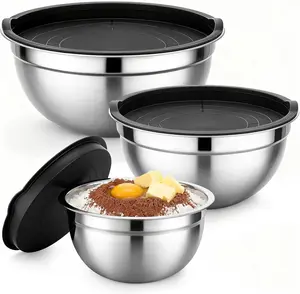 3-Piece Stainless Steel Mixing Bowls Set with Lids, Graters, Whisk & Spoons - Nesting, Stackable Kitchen Baking Supplies Essential for Mixing, Grating & Serving Tableware, Kitchen Supplies