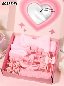 44Pcs Spa Hair Care Styling Gift Set, Pink Floral & Rectangle Claw Clips, Bow Headband, Coiled Elastics for Home/Travel, Daily Use Hair Accessories for Braids, Buns & Updos, Cute Practical Kit