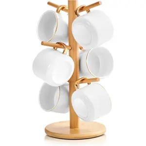Bamboo Mug Tree for Counter, 6 Hooks Detachable Coffee Mug Holder, Decorative Mug Racks for Coffee Bar Organizer Kelduemi