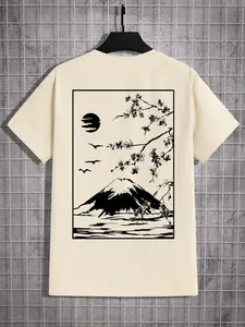 Men's Cherry Blossoms & Mountain Print Round Neck Tee, Regular Fit Casual Short Sleeve T-shirt for Summer, Men's Top for Daily Wear, Tropical