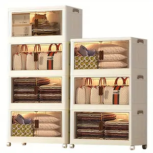 [Space-saving Storage Box]stackable storage box-Space-saving, storage cabinet, folding cabinet with covered wheels, can store clothes, snacks, toys, closet and book storage, open front door