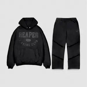 Vintage Warm-Up Set TerryTrain Cotton Hoodie & Jogger Set with Reaper Lifting Club Graphics Long Sleeve Drop Shoulder Fitted Autumn Wear
