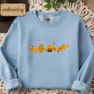 Christmas Ginger Cat Embroidered Sweatshirt | Funny Holiday Hoodie | Cozy Orange Cat Lover Embroidered Xmas Sweater Gift