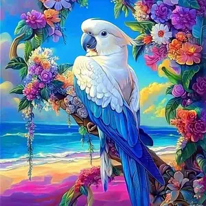 Blue and White Cockatoo Diamond Painting Kit, tropical parrot with gradient blue wings on a flower-covered branch over a vibrant beach sunset, colorful floral bird art, 5D round & square rhinestone diamond embroidery cross stitch DIY home decor