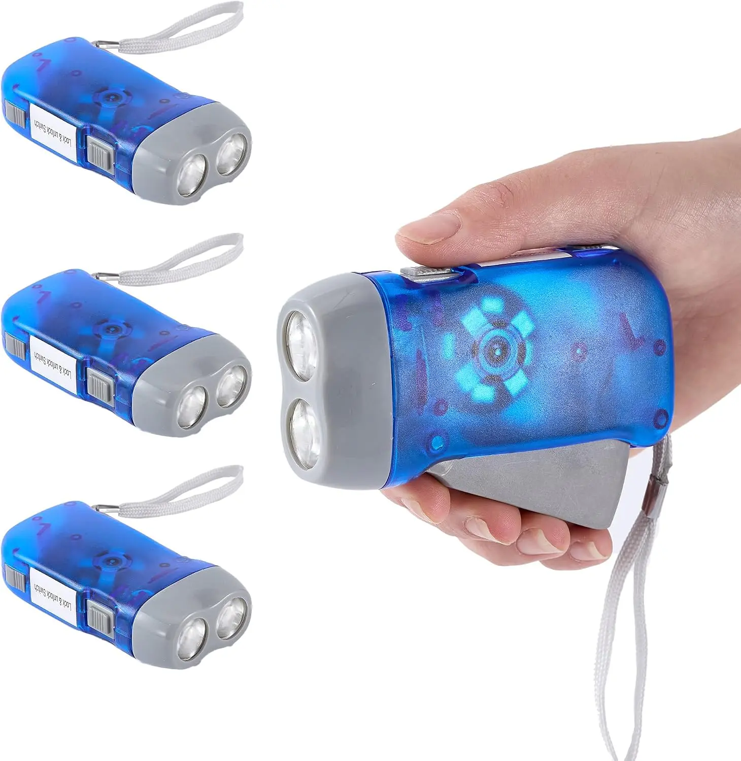 4-Pack Hand Crank Flashlights - Double LED Emergency Torches, Battery-Free Hand-Press Power Generation, Compact for Camping, Car Use