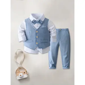 3pcs Boys' Gentleman Fashion Suit Set: Vest + White Long Sleeve Shirt + Casual Elastic Waist Pants with Bow Tie, Suitable for Weddings, Birthday Parties, Festivals, Banquets, Formal Occasions, All-Season Wear