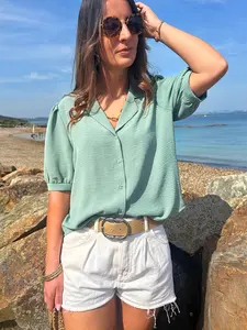 A women's light blue V-neck gathered sleeve loose blouse, suitable for spring and summer, suitable for leisure, Casual and vacation Top