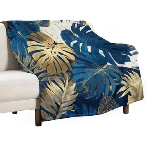 Tropical Golden Monstera Palm Leaf Flannel Throw Blanket Blue Plant Art Ultra Soft Cozy Fleece Throw for Couch, Sofa, Bed, Room Decor 40"x50"
