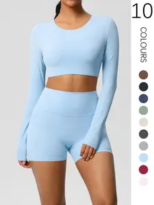 Women's Solid Long Sleeve Crop Top & High Waist Skinny Shorts Sports Set, Workout Running Outfits, Breathable Sweat-absorbing Round Neck Top & Pocket Shorts for Gym, Tummy Control Butt Lifting Sportswear for Indoor Outdoor Wear