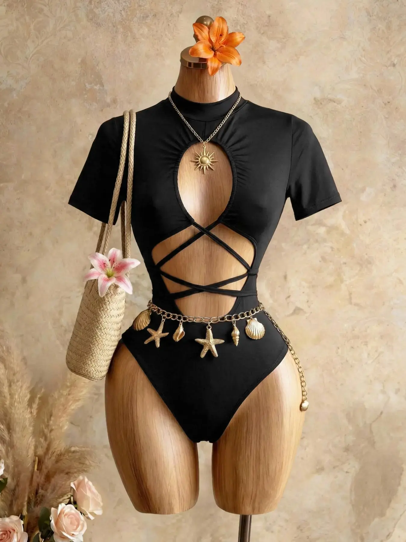Elegant Dark-Hued One-Piece, Flattering Silhouette, Half High Neck Short Sleeve Design, Cross-Bound Hollow-Out Detail, Perfect for Parties & Dates