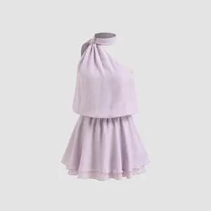 Cider Asymmetrical Neck Mental Detail Belted Layered Mini Dress With Scarf